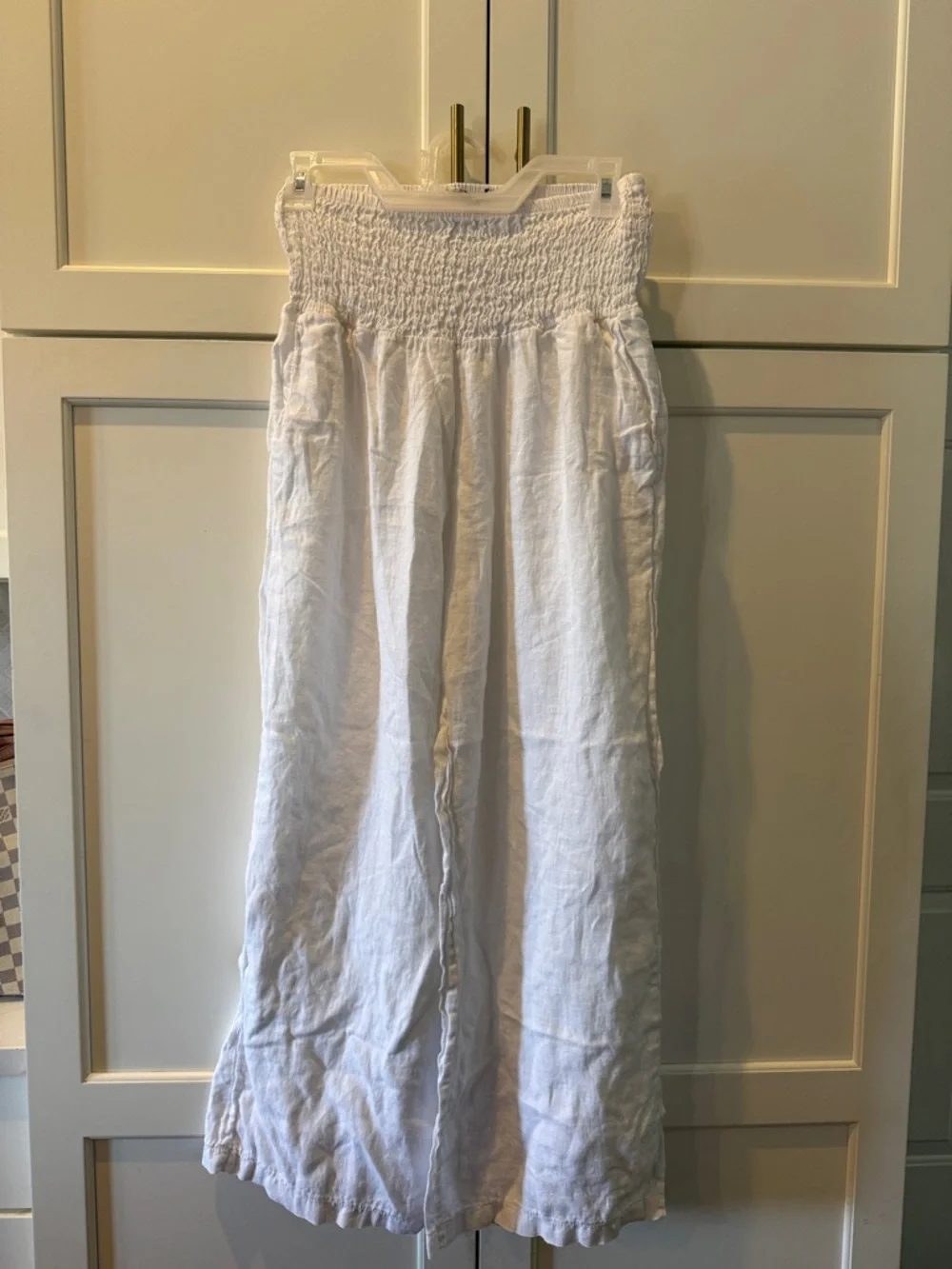 White Wide Leg Smocked-Waist Pants Made in Italy Linen - Picture 1 of 7